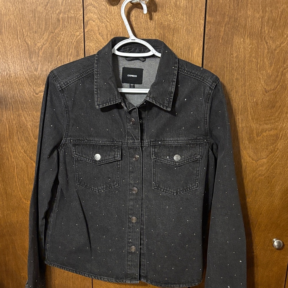 Express Black Denim Jacket With Subtle Crystal Do… - image 1